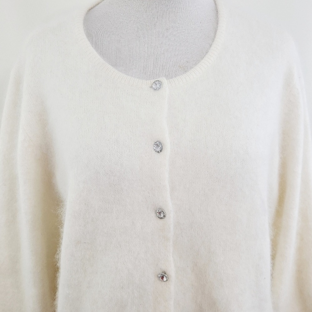 Sundance fuzzy Angora cardigan sweater ivory crystal buttons